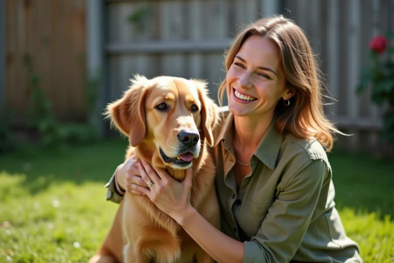 Femme souriante avec son golden retriever dans un jardin, illustration conseils et compagnonnage canin