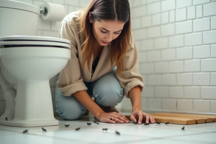 Femme inspectant de petits insectes noirs sauteurs sur le sol d'une salle de bain carrelée blanche