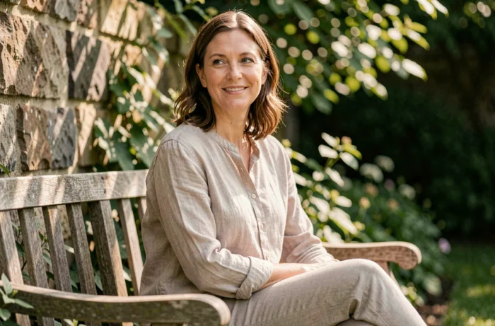 Femme élégante et souriante assise dans un jardin verdoyant, ambiance intime et naturelle, portrait éditorial