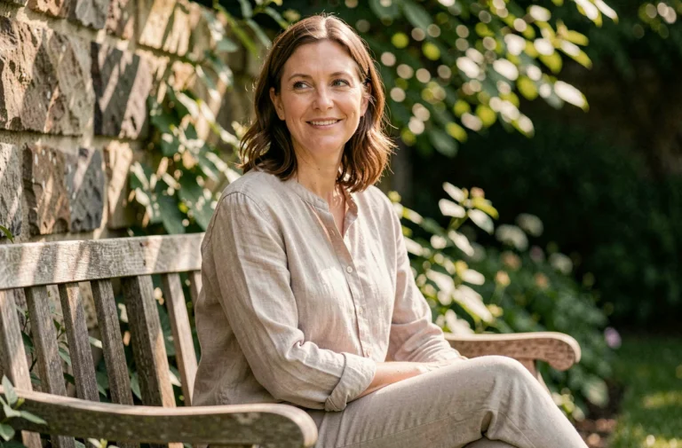 Femme élégante et souriante assise dans un jardin verdoyant, ambiance intime et naturelle, portrait éditorial