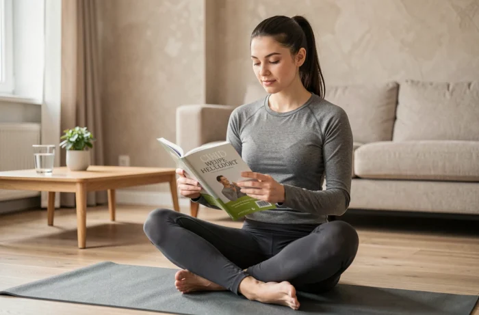 Jeune femme lisant un magazine de santé chez elle dans une atmosphère zen et détendue