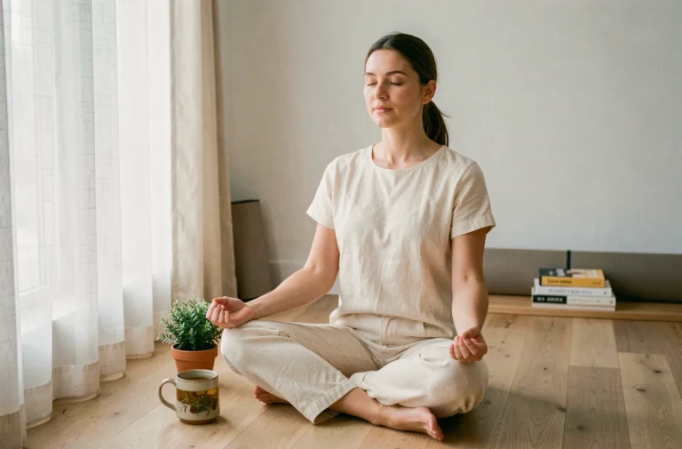 Femme pratiquant la méditation dans un intérieur minimaliste pour améliorer son bien-être quotidien