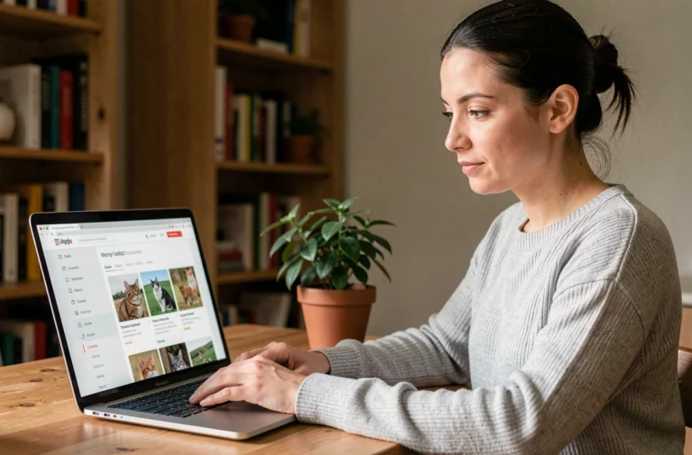 Femme naviguant sur le plan du site Chabadog depuis un ordinateur portable dans un bureau à domicile