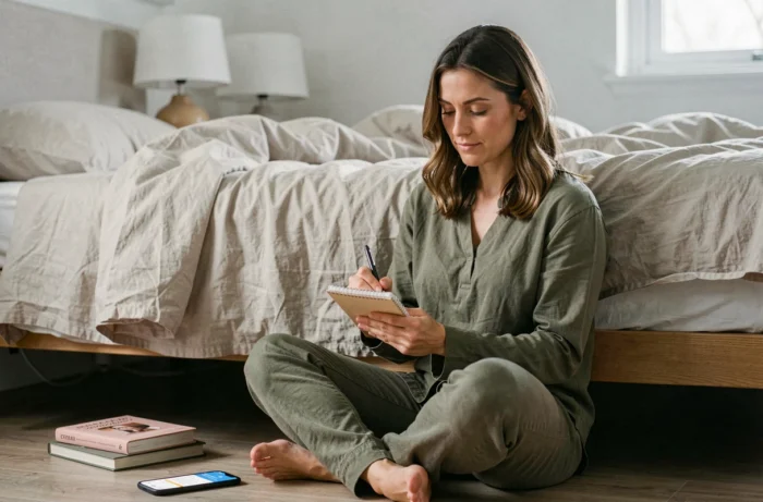 Femme prenant des notes dans un carnet lors d'une séance de coaching parental guidée par une application sur smartphone dans sa chambre