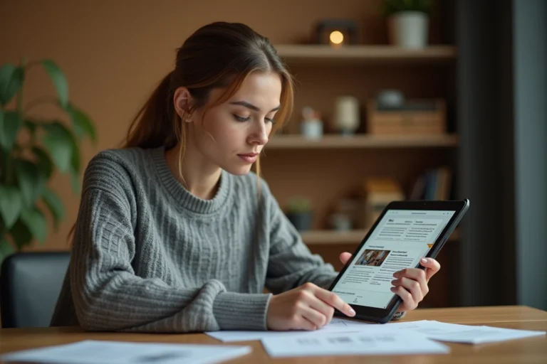 Femme consultant des petites annonces sur une tablette dans un bureau à domicile moderne