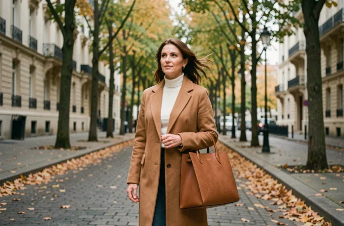 Femme en manteau camel marchant dans une rue parisienne en automne, portrait urbain éditorial élégant