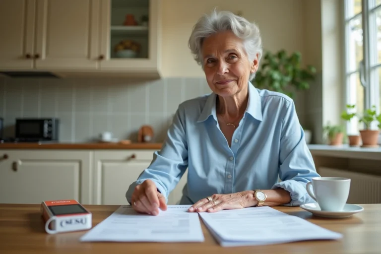 Femme senior examinant ses factures ADMR et des chèques CESU préfinancés à la table de sa cuisine