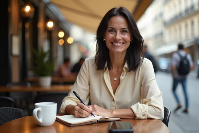 Femme d'affaires planifiant sa stratégie d'investissement dans un carnet dans un café urbain avec application de gestion de portefeuille
