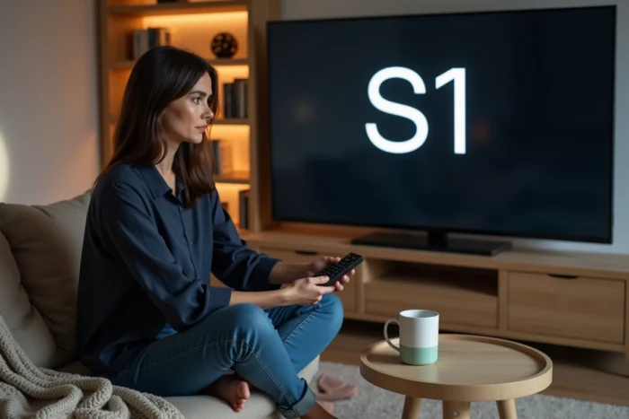 Femme tenant une télécommande Bouygues face à un écran affichant le code erreur S1