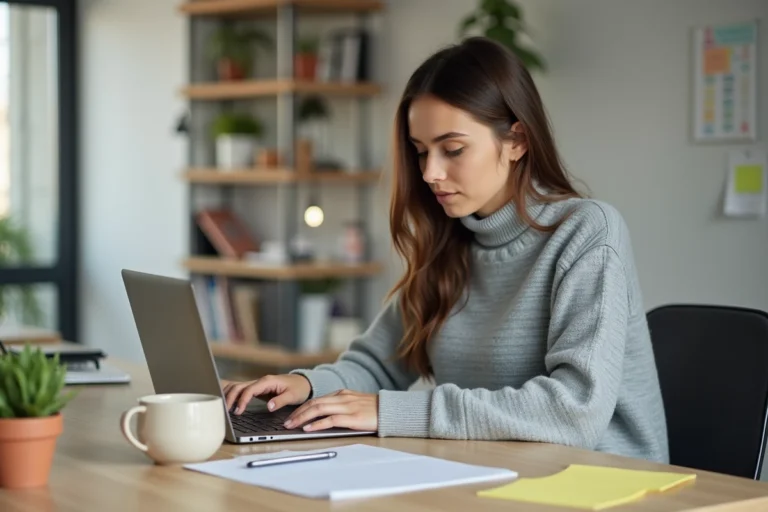 Jeune femme consultant les dernières tendances du web sur son ordinateur portable dans un bureau moderne