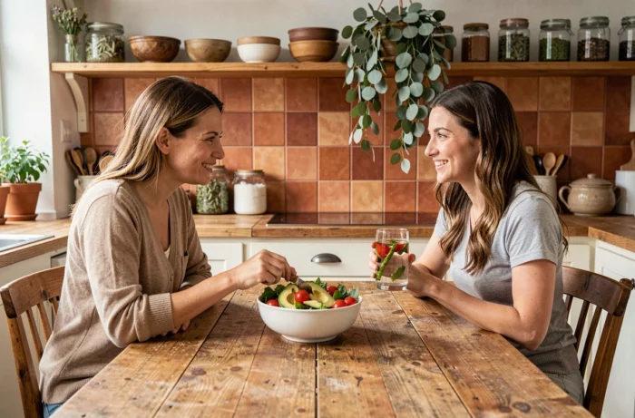 Deux femmes préparant un repas sain ensemble dans une cuisine conviviale pour favoriser le bien-être au quotidien