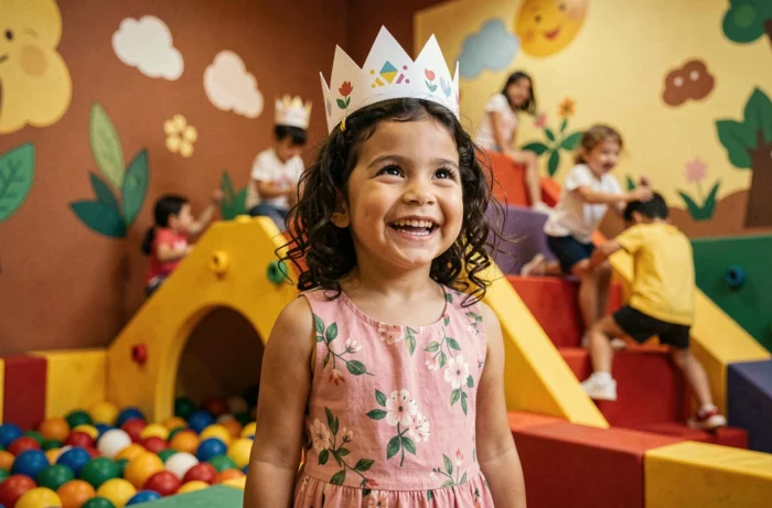 Petite fille souriante avec couronne d'anniversaire dans un espace de jeux intérieur à Nice