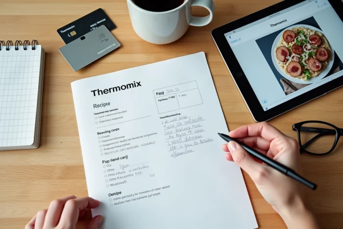 Vue de dessus d'un plan de travail avec un livret Thermomix, une liste de courses et une tablette affichant des soldes