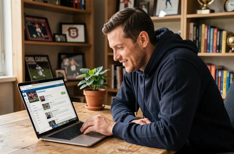 Homme lisant un forum de supporters de football ASM Cybervulcans sur un ordinateur portable dans un bureau à domicile