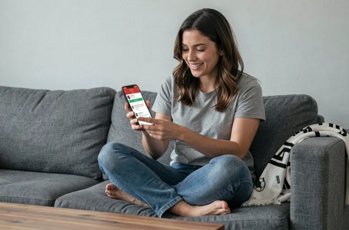 Femme consultant le forum ASM Cybervulcans sur son smartphone dans un salon moderne