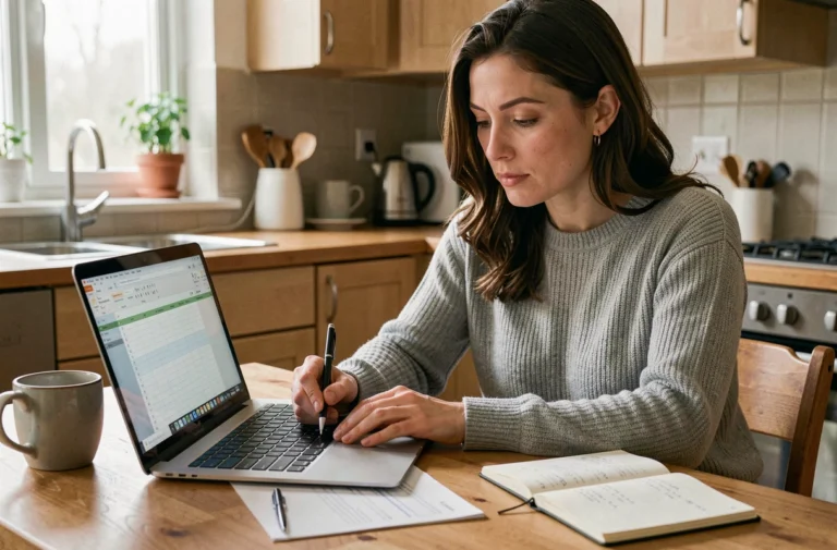 Femme gérant son budget personnel sur un ordinateur portable à une table en bois dans une cuisine moderne