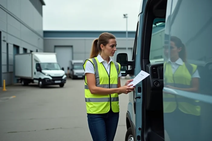 Gestionnaire de flotte vérifiant les voyants de bord d'un Iveco Daily dans un dépôt logistique