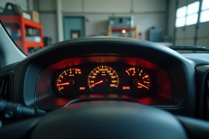 Gros plan sur les voyants lumineux allumés du tableau de bord d'un Iveco Daily