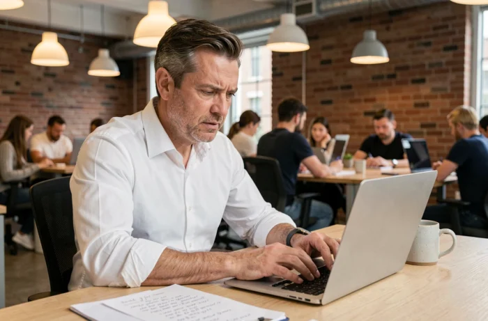 Homme d'affaires concentré travaillant sur un ordinateur portable dans un bureau en open space moderne avec mur en briques apparentes