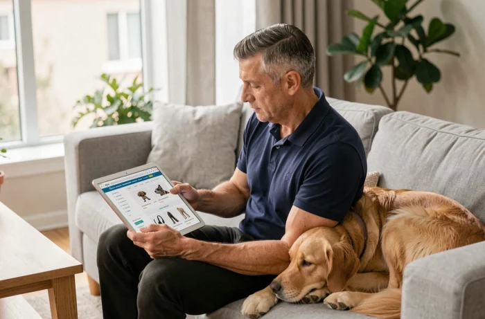 Homme et son chien golden retriever consultant le plan de navigation du site Chabadog sur une tablette