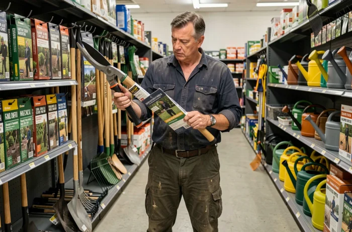 Homme comparant des échenilloirs dans le rayon d'une jardinerie pour choisir le meilleur équipement