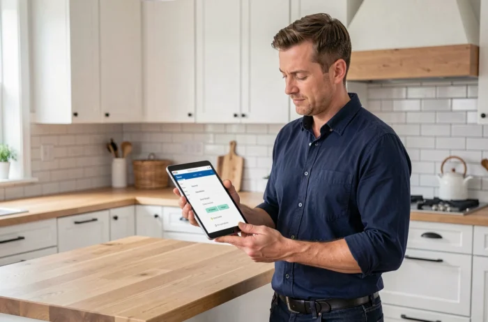 Homme debout dans sa cuisine consultant la navigation d'un blog habitat sur une tablette numérique