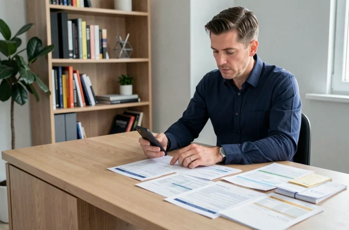 Homme consultant ses relevés bancaires et une application financière dans un bureau à domicile bien organisé