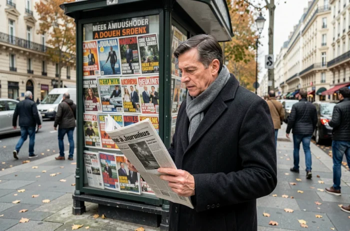 Homme consultant un journal devant un kiosque parisien, symbolisant l'information et les tendances hebdomadaires
