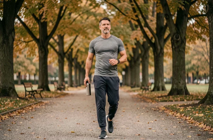 Homme marchant dans un parc en automne dans le cadre d'une routine de bien-être quotidien