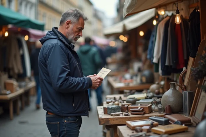 Homme examinant des articles d'occasion dans un marché aux puces animé en plein air