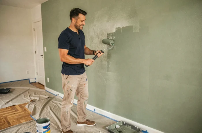 Homme en train de peindre un mur en vert sauge dans un salon en cours de rénovation avec bâche de protection sur le parquet