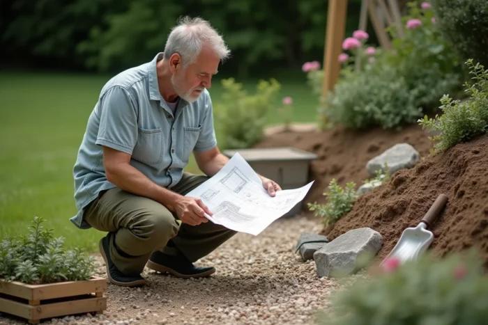 Homme planifiant l'aménagement d'une rocaille méditerranéenne en pente dans un jardin de banlieue avec des plantes et un plan dessiné à la main
