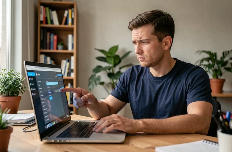 Homme frustré tentant de résoudre un problème de connexion VPN sur son ordinateur portable dans un bureau à domicile moderne