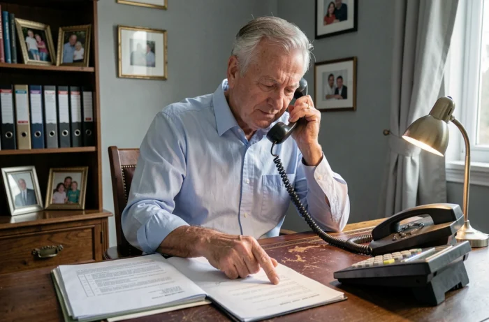 Homme senior au bureau consultant un dossier papier tout en téléphonant pour organiser son déménagement administratif