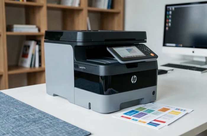 Imprimante HP LaserJet Pro MFP M280nw posée sur un bureau de bureau moderne avec des documents imprimés à côté