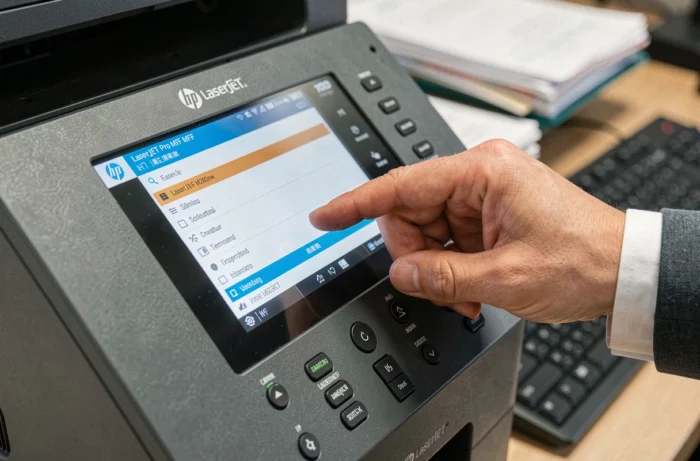 Gros plan sur le panneau de commande tactile de l'imprimante HP LaserJet Pro MFP M280nw lors d'une utilisation quotidienne