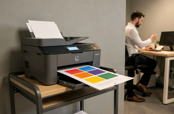 Page de test couleur sortant du bac de l'imprimante HP LaserJet Pro MFP M280nw dans un environnement de bureau professionnel