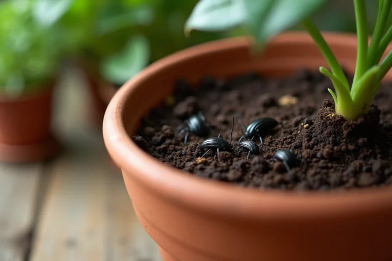 Gros plan macro de petits insectes noirs sauteurs sur de la terre humide dans un pot de fleurs en terre cuite
