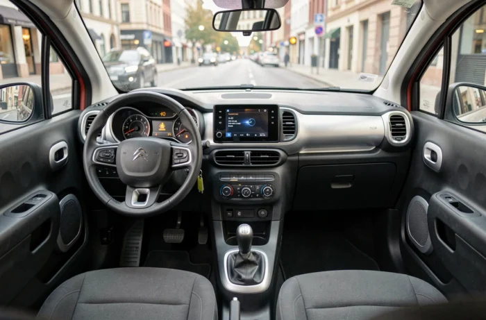 Vue intérieure complète du cockpit d'une Citroën C3 avec le voyant moteur allumé visible sur le combiné d'instruments