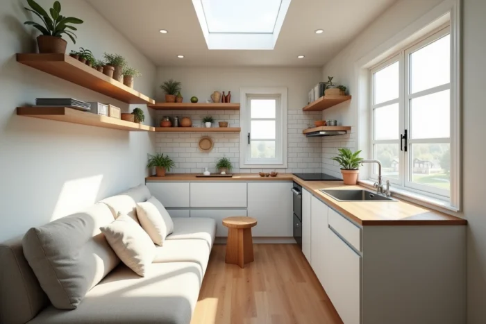 Intérieur minimaliste d'une petite maison avec cuisine ouverte et rangements intégrés en bois