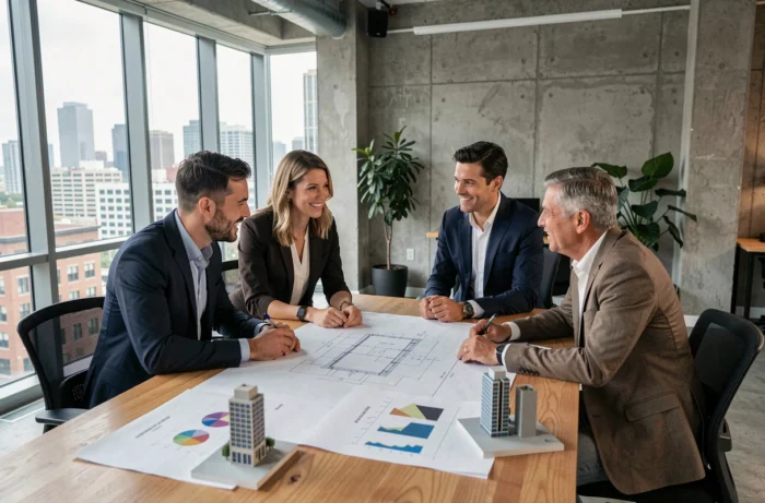 Groupe de professionnels discutant d'un projet d'investissement immobilier collaboratif autour d'une table avec des plans architecturaux