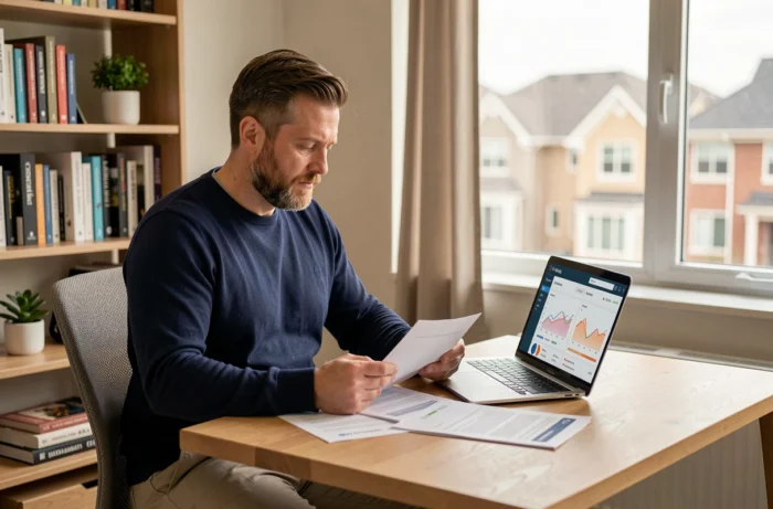 Homme consultant des documents et un tableau de bord d'investissement immobilier participatif sur ordinateur depuis son bureau à domicile