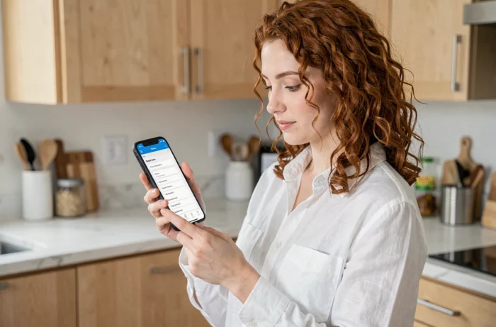 Jeune femme consultant le plan du site Chabadog sur son smartphone dans une cuisine moderne