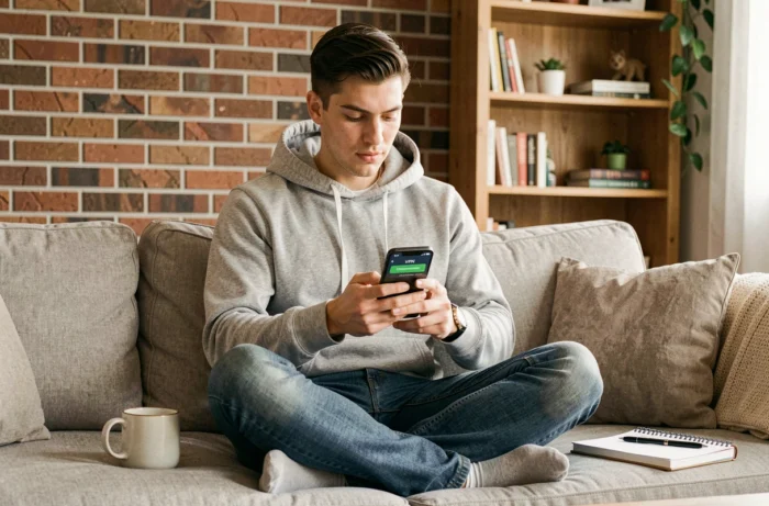 Jeune homme consultant une application VPN déconnectée sur son smartphone dans un salon décontracté