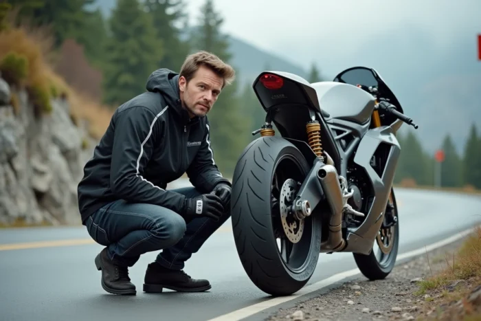 Journaliste moto en veste technique inspectant la suspension d'une moto naked sur une route de montagne sinueuse, reportage éditorial authentique