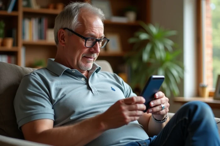 Homme d'âge mûr utilisant l'application Lingvanex pour traduire un document sur son smartphone dans un salon chaleureux et confortable