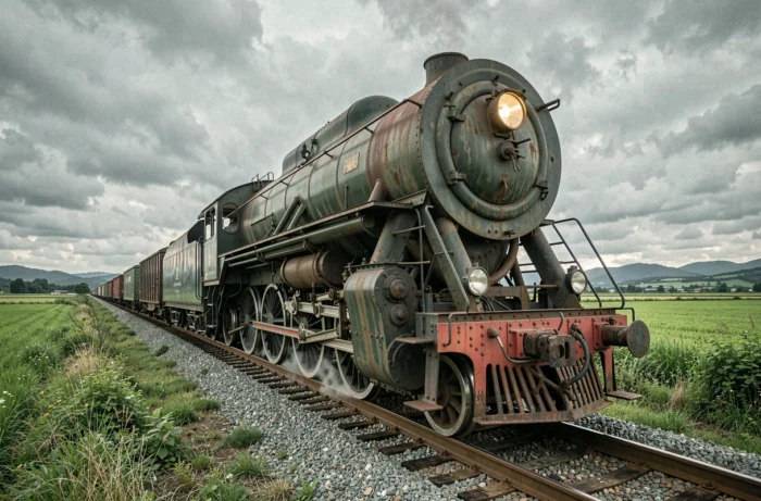 Locomotive diesel vintage traversant une campagne verdoyante sur des rails en perspective diagonale