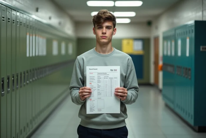 Lycéen tenant ses résultats scolaires avec une moyenne de 13 sur 20 dans un couloir d'établissement scolaire, expression réfléchie