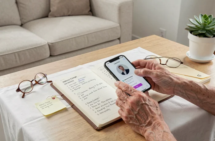Mains d'une personne âgée tenant un téléphone et consultant un agenda pour préparer un changement d'adresse administratif