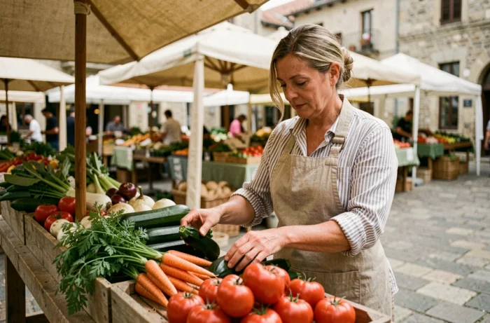 Femme productrice locale arrangeant des légumes frais sur un étal de marché fermier provençal